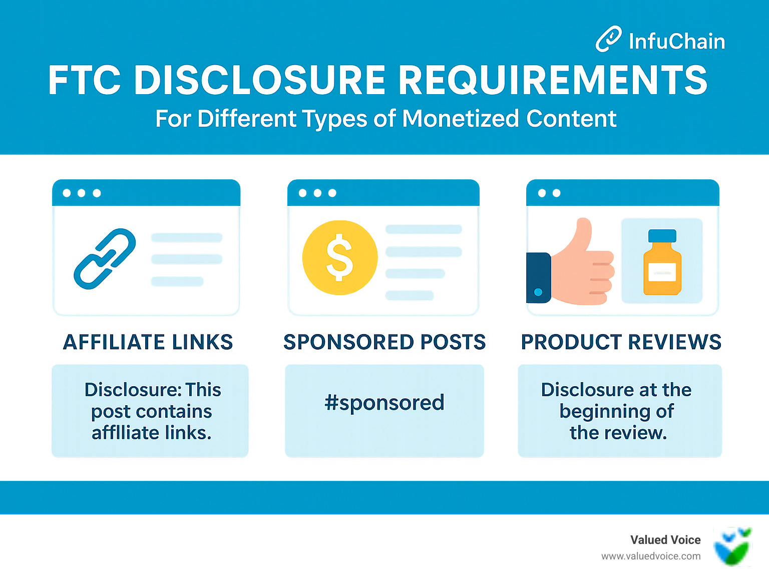 Infographic showing FTC disclosure requirements for different types of monetized content, including affiliate links, sponsored posts, and product reviews, with examples of compliant disclosure language and placement guidelines - Make Money Blogging infographic Infographic showing FTC disclosure requirements for different types of monetized content, including affiliate links, sponsored posts, and product reviews, with examples of compliant disclosure language and placement guidelines - Make Money Blogging infographic