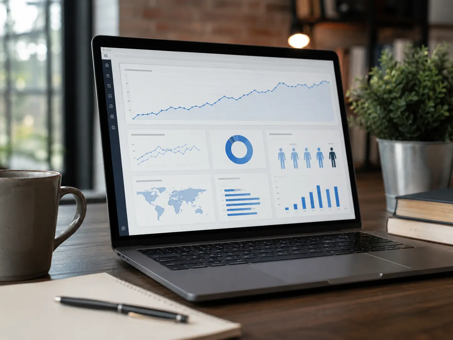 A laptop showing analytics charts, traffic graphs, and audience data on a wooden desk