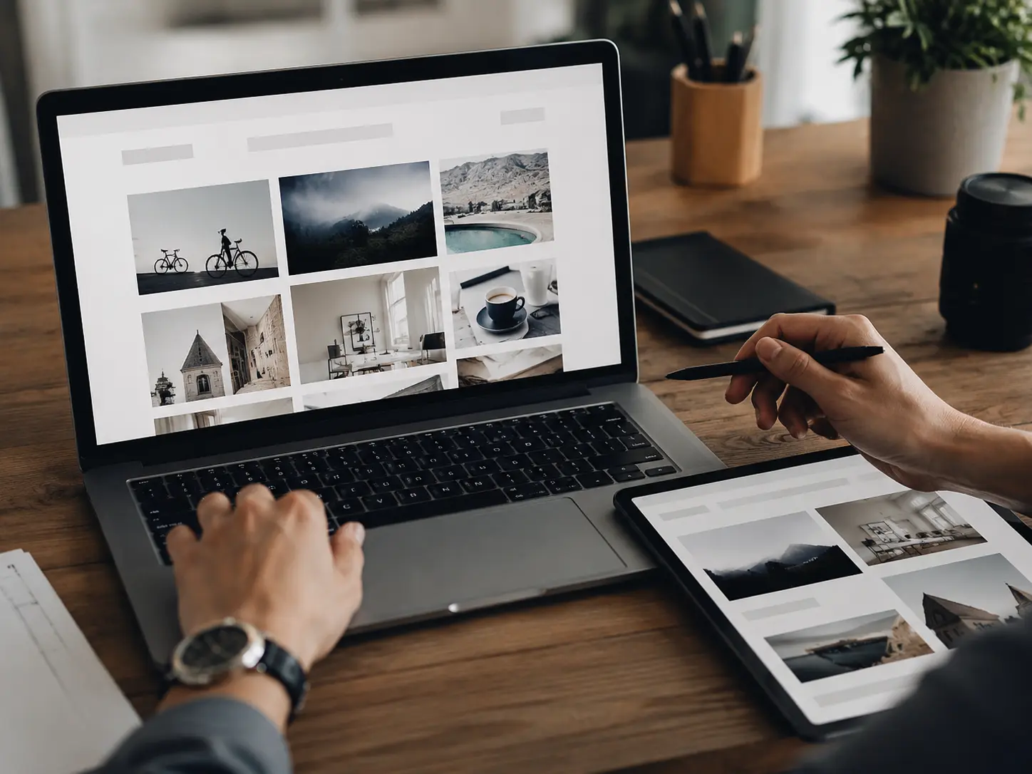 A laptop and tablet displaying a clean, organized website layout on a wooden desk