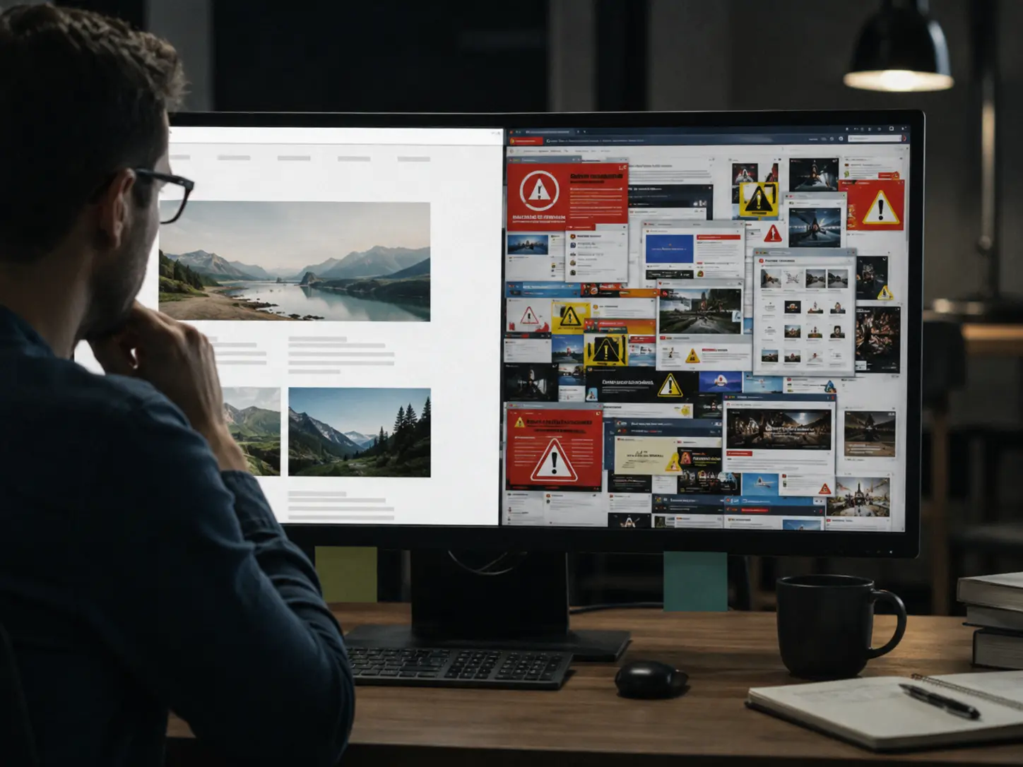 Side-by-side contrast between a clean website and a cluttered, warning-filled website