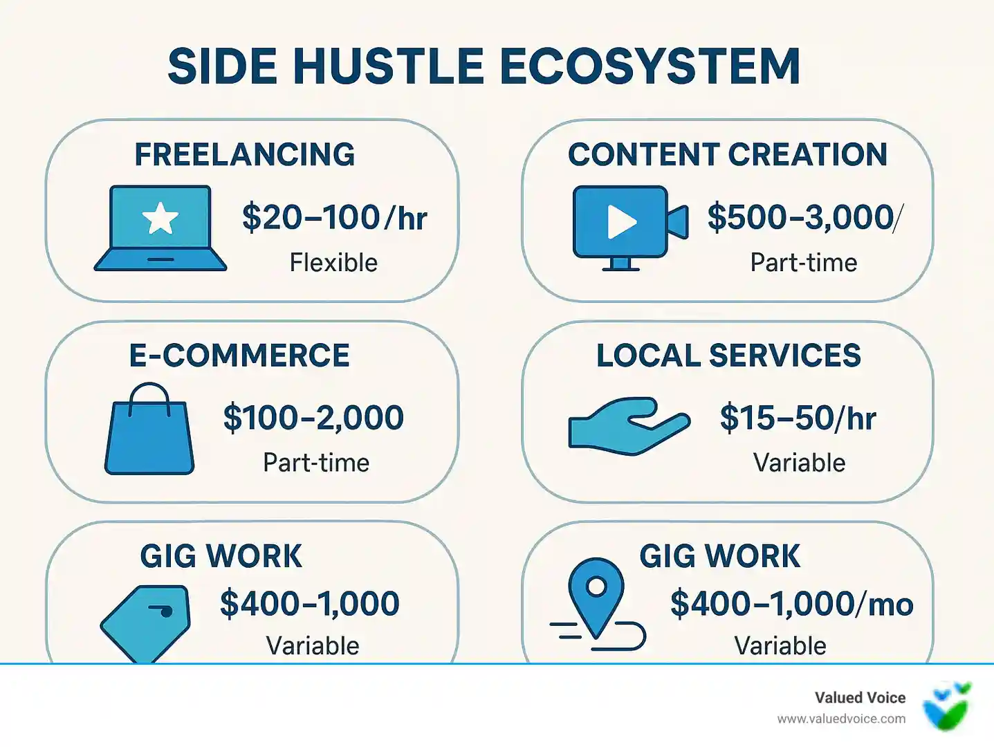 Side hustle ecosystem showing different income streams including freelancing, content creation, e-commerce, local services, and gig work with typical earnings ranges and time commitments for each category - how to make money on the side infographic Side hustle ecosystem showing different income streams including freelancing, content creation, e-commerce, local services, and gig work with typical earnings ranges and time commitments for each category - how to make money on the side infographic