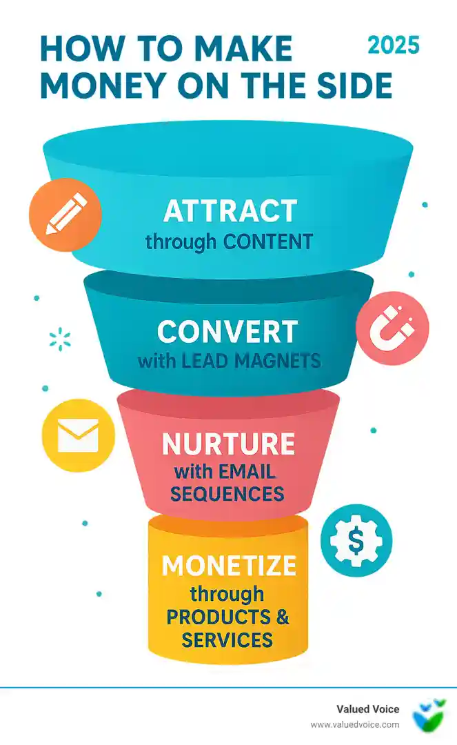 Marketing funnel showing how side hustlers attract customers through content, convert them with lead magnets, nurture with email sequences, and monetize through products and services - how to make money on the side infographic Marketing funnel showing how side hustlers attract customers through content, convert them with lead magnets, nurture with email sequences, and monetize through products and services - how to make money on the side infographic