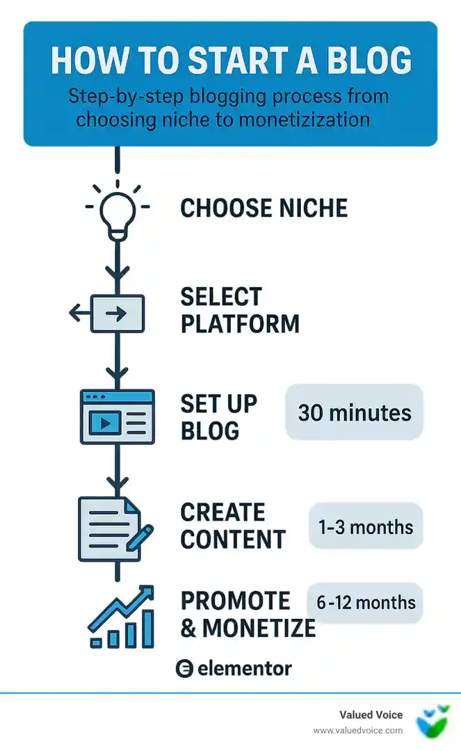 Step-by-step blogging process from choosing niche to monetization, showing timeline of 30 minutes for setup, 1-3 months for first traffic, and 6-12 months for meaningful income, with decision points for platform selection and growth strategies - how to start a blog infographic 