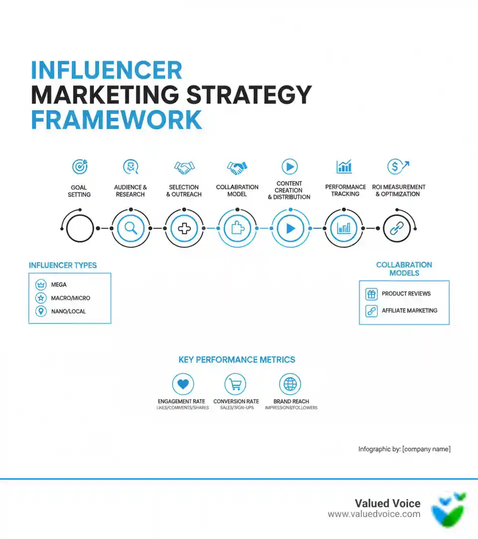 Comprehensive influencer marketing strategy framework showing the 7-step process from goal setting to ROI measurement, including influencer types, collaboration models, and key performance metrics - influencer marketing strategy infographic 