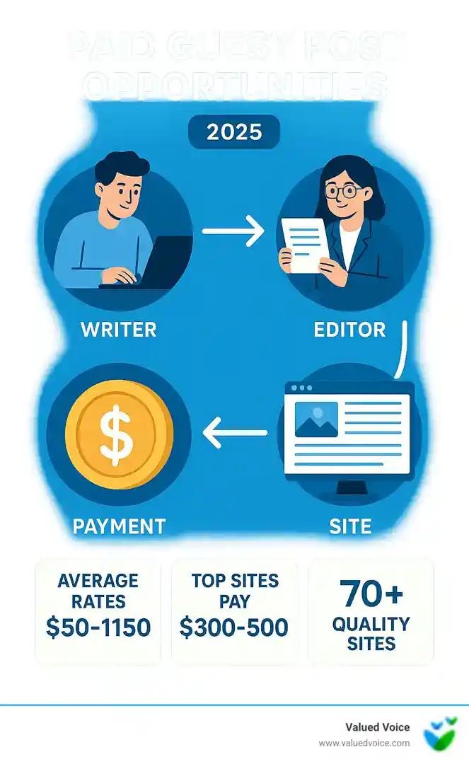 Infographic showing the paid guest post ecosystem with writer creating content, editor reviewing submissions, site publishing article, and payment flowing back to writer, along with key metrics like average rates $50-150, top sites paying $300-500, and 70+ quality sites accepting paid posts - paid guest post opportunities infographic Infographic showing the paid guest post ecosystem with writer creating content, editor reviewing submissions, site publishing article, and payment flowing back to writer, along with key metrics like average rates $50-150, top sites paying $300-500, and 70+ quality sites accepting paid posts - paid guest post opportunities infographic