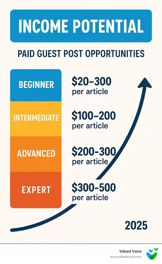 income potential infographic showing different earning tiers from beginner $50-100 per article to expert $300-500 per article - paid guest post opportunities infographic income potential infographic showing different earning tiers from beginner $50-100 per article to expert $300-500 per article - paid guest post opportunities infographic