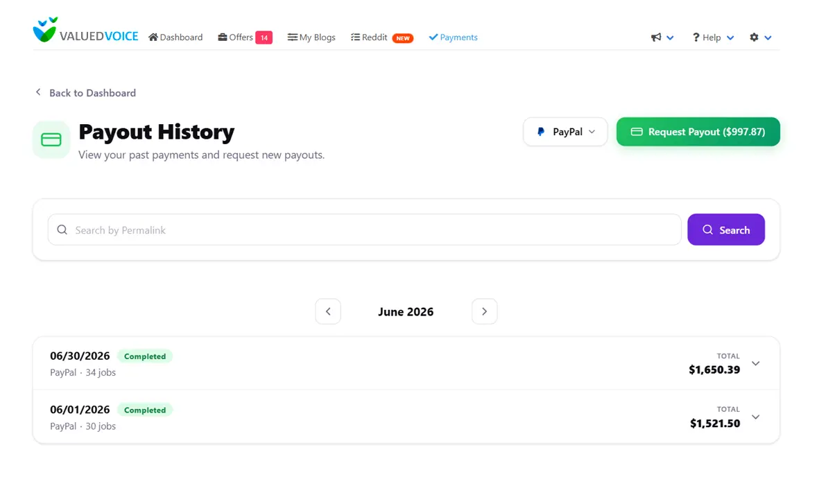 Valued Voice payout history dashboard